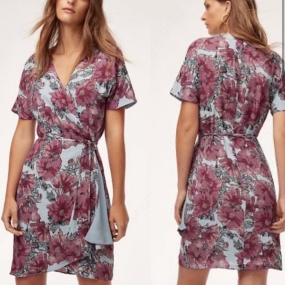 Aritzia Floral Wrap Mini Dress in Dusty Rose and Light Blue
